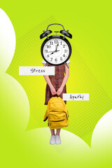 Vertical photo collage of anonym school hold backpack instead head alarm clock autumn stress...