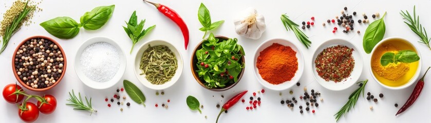 kitchen utensils, vegetables, spices and others arranged on white background
