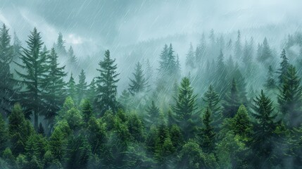 A pine forest with trees that are wet from the rain landscape