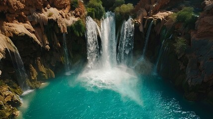 Magic waterfall in green jungle forest