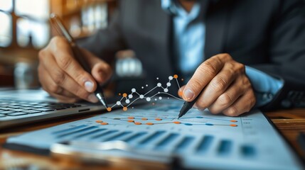 Fototapeta premium A businessperson analyzes financial data on a document while using a pen and a laptop