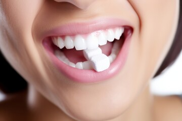 Obraz premium A smiling person holding xylitol chewing gum near their mouth