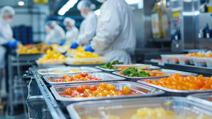 Obraz premium Workers in Motion at Manufacturing Plant. Preparing and Packing Food for International Distribution
