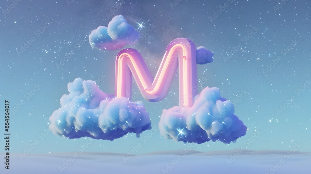 Poster neon m-shaped clouds floating in starry sky 3d render