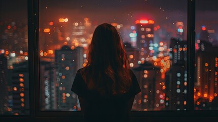 A girl gazes down at the night city