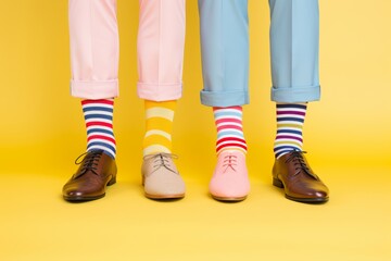 The feet in colorful socks on a solid pastel yellow background