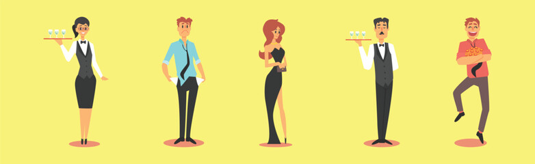 People Character Gambling at Casino Isolated on Yellow Background Vector Set