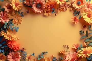Fototapeta premium Floral Frame on Yellow Background - Springtime Design for Posters, Print, Cards