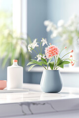 The radiant sunlight illuminates a vase with the beautiful of spring flowers, infusing a comforting atmosphere into the space beside the window of a snug abode.