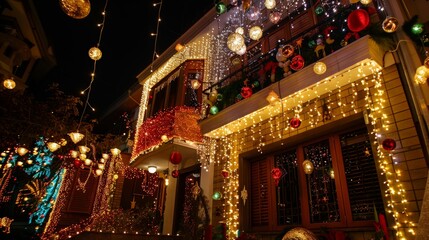 Obraz premium Homes are decorated with lights and ornaments, creating a festive atmosphere for Eid al-Fitr.