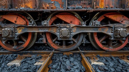 Naklejka premium Close-up of train wheels on rails, locomotive transporting coal, detailed and gritty, along railroad tracks, industrial vibe