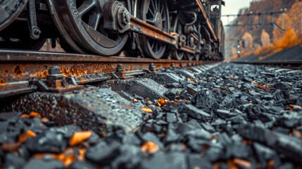 Close-up of train wheels on rails, locomotive transporting coal, detailed and gritty, along railroad tracks, industrial vibe