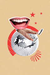 Vertical composite collage picture of smiling mouth mini legs disco ball isolated on creative...