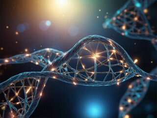 A colorful DNA strand with a yellow and orange section. The strand is shown on a black background