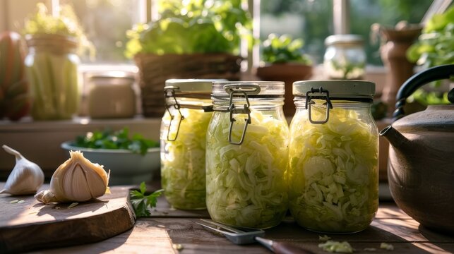 Detailed sauerkraut preparation, fermenting cabbage in glass jars, traditional preservation method, homey kitchen atmosphere
