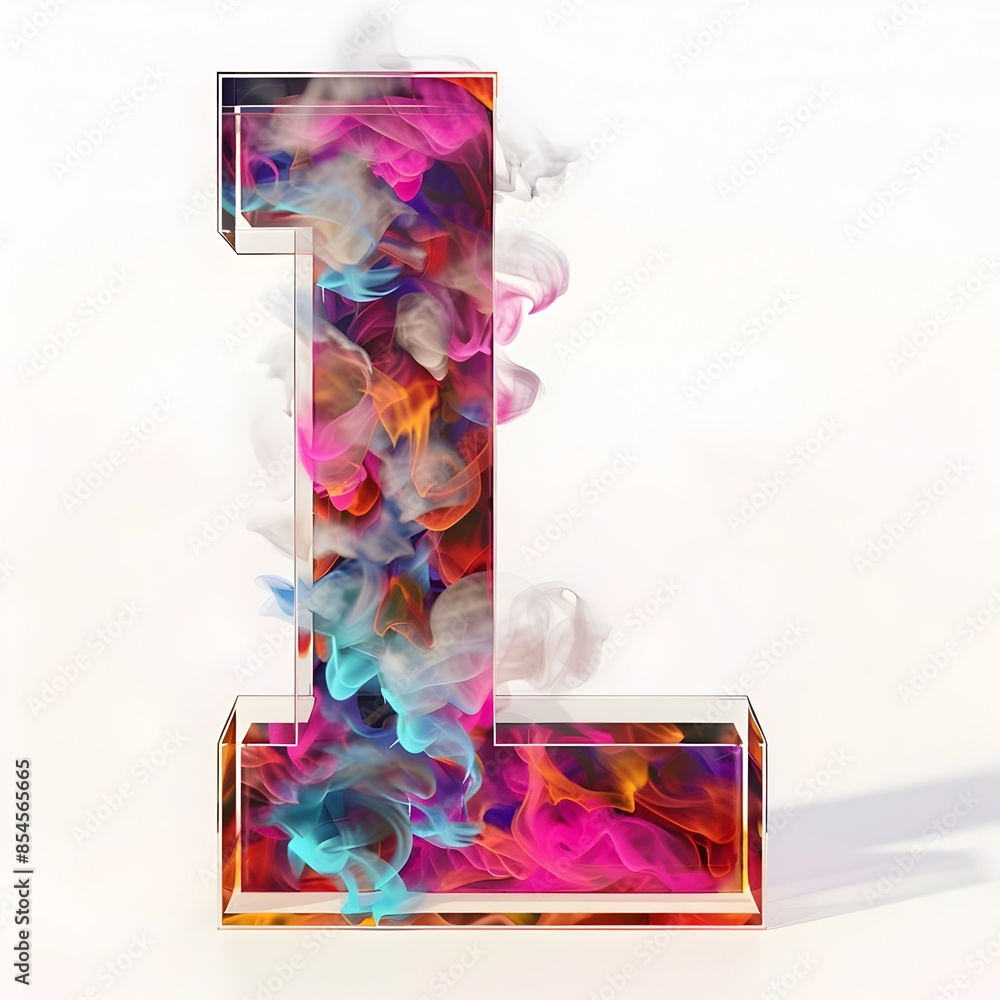 Poster prism-like steam forming dynamic colorful 3d letter display on isolated white background