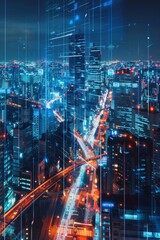 Fototapeta premium Explore the vibrant landscape of a digital city where smart technology seamlessly integrates with urban life This futuristic scene showcases advanced infrastructure and connectivity