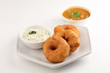 Vada or Medu vadai with sambar and chutney - Popular South Indian snack or breakfast
