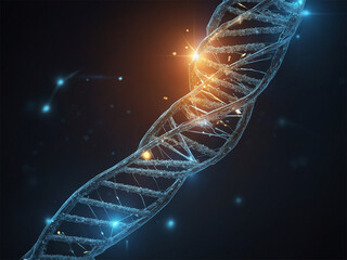 A colorful DNA strand with a yellow and orange section. The strand is shown on a black background