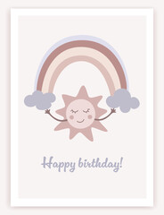 Happy birthday children's magic elements . Birthday trendy greeting card in flat design. Cute sun and rainbow illustration. Poster, banner or party invitation. Cartoon design. Vector illustration.
