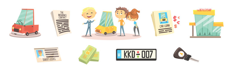 Car Dealership Icon and Object Isolated Vector Set