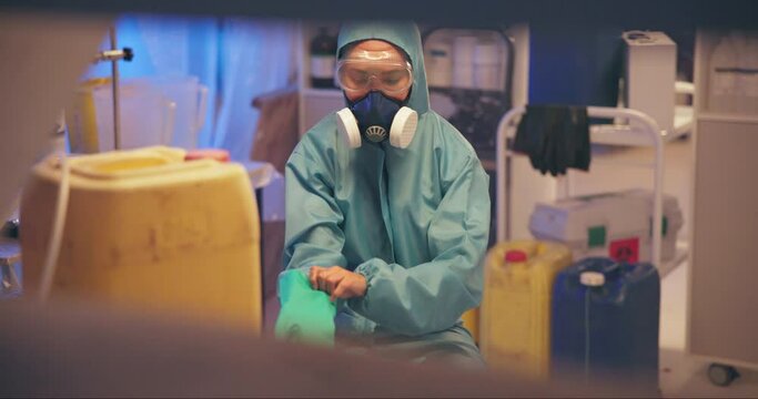 Person, experiment and ppe with gloves in lab for toxic chemical or acid liquid for formula, research or chemistry. Study, solution and investigation resting with mask or safety, science or forensic