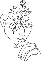 Woman Head with Flowers Line Vector Drawing. Style Template with Female Face with Flowers. Modern Minimalist Simple Linear Style. Beauty Fashion Design	