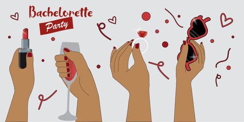 Bachelorette Party Celebration with Lipstick, Wine, Engagement Ring, and Sunglasses. Fun and Festive Design. Bachelorette party. Bride to be