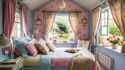 Design a cozy cottage-style bedroom with soft pastel colors and floral patterns.
