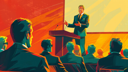 Energized Business Leader Unveiling Strategic Vision to Engaged Audience in Vibrant Illustration