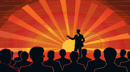 Naklejka premium Inspiring Business Leader Presenting Strategic Vision to Attentive Audience in Vibrant Illustration