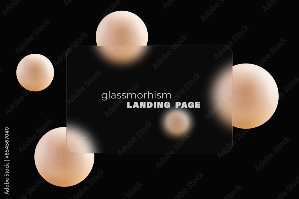 Poster realistic glass morphism effect. rectangular banner on a black background with floating spheres.