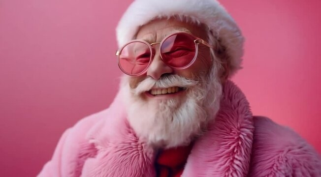 Glamorous Santa Claus in pink clothes and sunglasses laughing joyfully on pink background. St Nicholas Day, Sinterklaas 