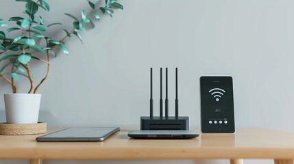 Modern wireless router, tablet, smartphone with strong signal on light background for facebook ad