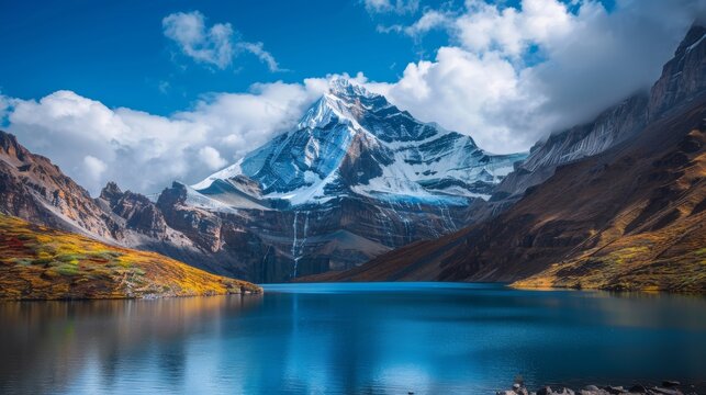Fototapeta Changbai mountain peak and heavenly pool  snowy heights and azure waters in telephoto photography