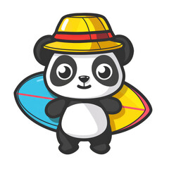 Sticker of cute cartoon panda wearing a beach hat and carrying a surfboard