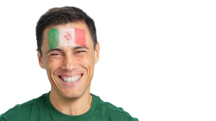 Man with a mexican flag painted on the face smiling