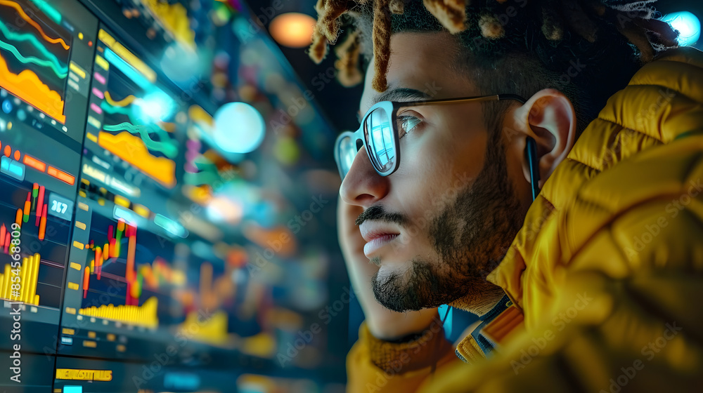 Poster a man wearing glasses is looking at a computer screen with a lot of numbers on it. he is wearing a y