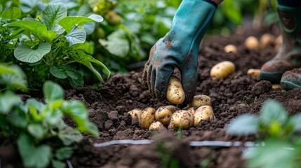 Gardener's gloves in action, digging out potatoes from the bush, detailed soil and plant textures, raw and vibrant