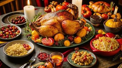 Plate with tasty roasted turkey and different dishes for Thanksgiving day on beige background