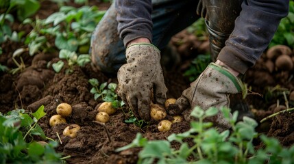 Hands in gardening gloves carefully digging potatoes from a bush, rich soil details, rustic and raw atmosphere, vibrant colors