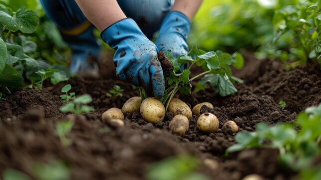 Gloved hands of a gardener unearthing potatoes, earthy textures, raw and natural scene, close-up of the action