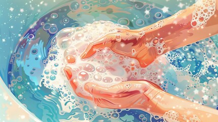 Hands washing dishes in a soapy kitchen sink, bubbles and foam, detailed household chore scene, realistic depiction