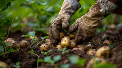 Obraz premium Hands with gardening gloves pulling potatoes from the earth, detailed and raw scene, vibrant natural colors, rustic feel