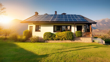 Close-up of new suburban house with a photovoltaic system on the roof. Modern eco friendly passive house with solar panels on the gable roof, with sunlight in the morning vibes, ai generated images