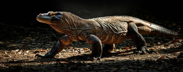 A Komodo dragon walking through the forest.