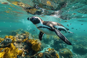 Fototapeta premium A Galapagos penguin swimming swiftly in crystal-clear waters, its small, streamlined body and distinctive black and white markings visible below the surface.