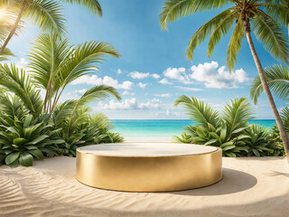 Fototapeta premium Beach podium summer background sand product 3D sea display platform. Beach podium summer banner stand scene sale sky holiday vacation stage water island sun travel pedestal promotion presentation ad.
