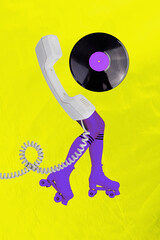 Composite trend photo collage of incognito person music play relax huge vinyl record vintage lady footwear leg roller skate landline phone