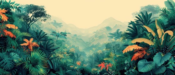 Obraz premium Vintage forest scene with vibrant greenery, animals, and a message of ecological preservation and harmony with nature.